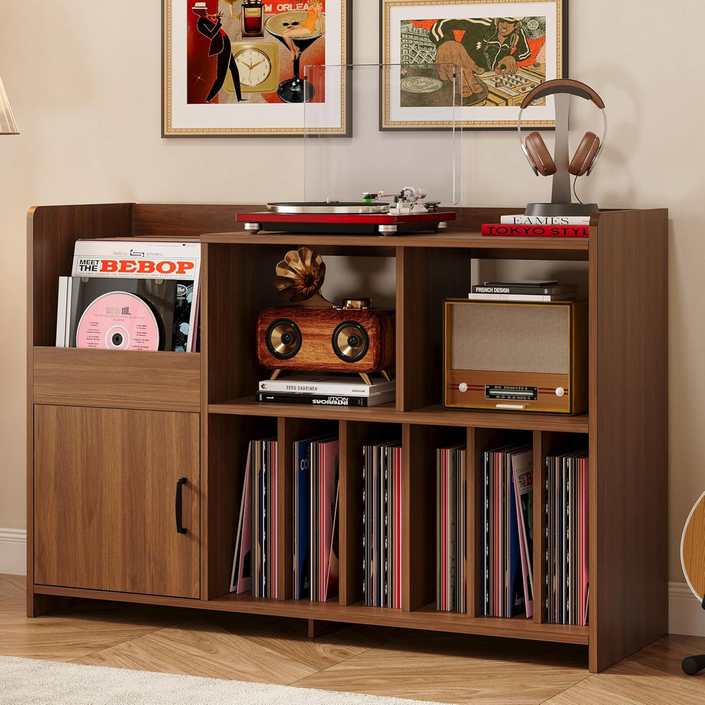 IRONCK 48" Mid-Century Modern Record Player Stand with Door, Walnut