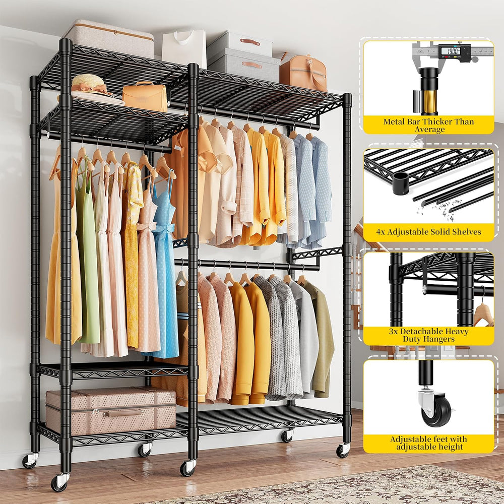 Raybee Clothes Rack with Wheels, Heavy Duty Loads 780LBS, Space-Saving