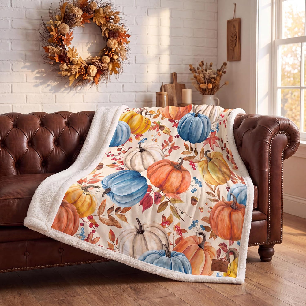 Fall Pumpkins Throw Blanket, Autumn Orange White Blue Pumpkins Leaves and Ber...