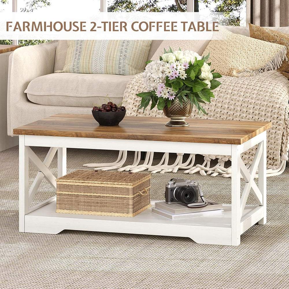 LUXOAK 3 Piece Living Room Table Set with Barn Door, Distressed White