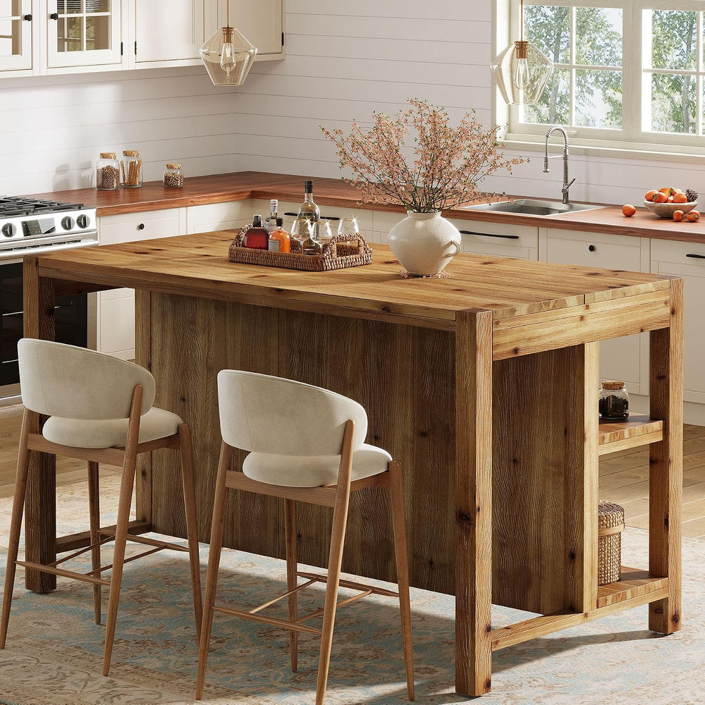 59" Solid Wood Kitchen Island with Open Storage Shelves