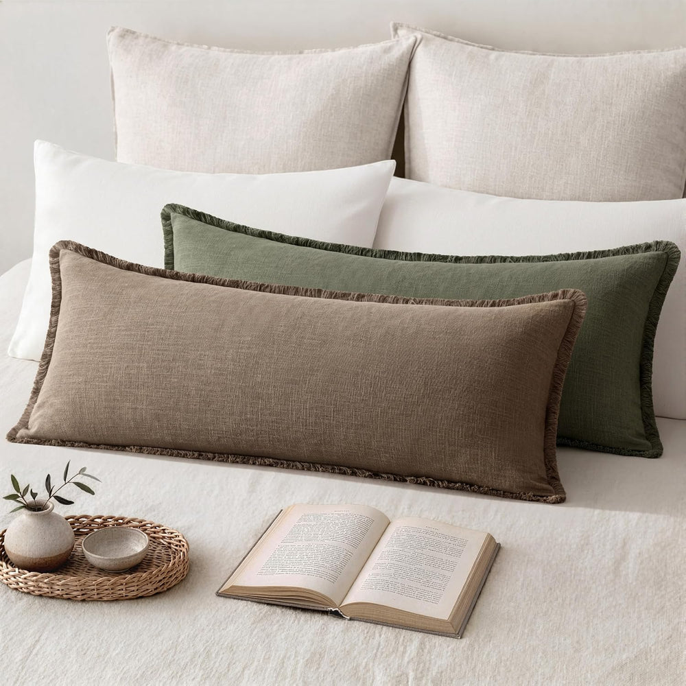 MIULEE 14x36 Long Linen Fringe Lumbar Pillow Covers Set of 1 Cocoa Brown