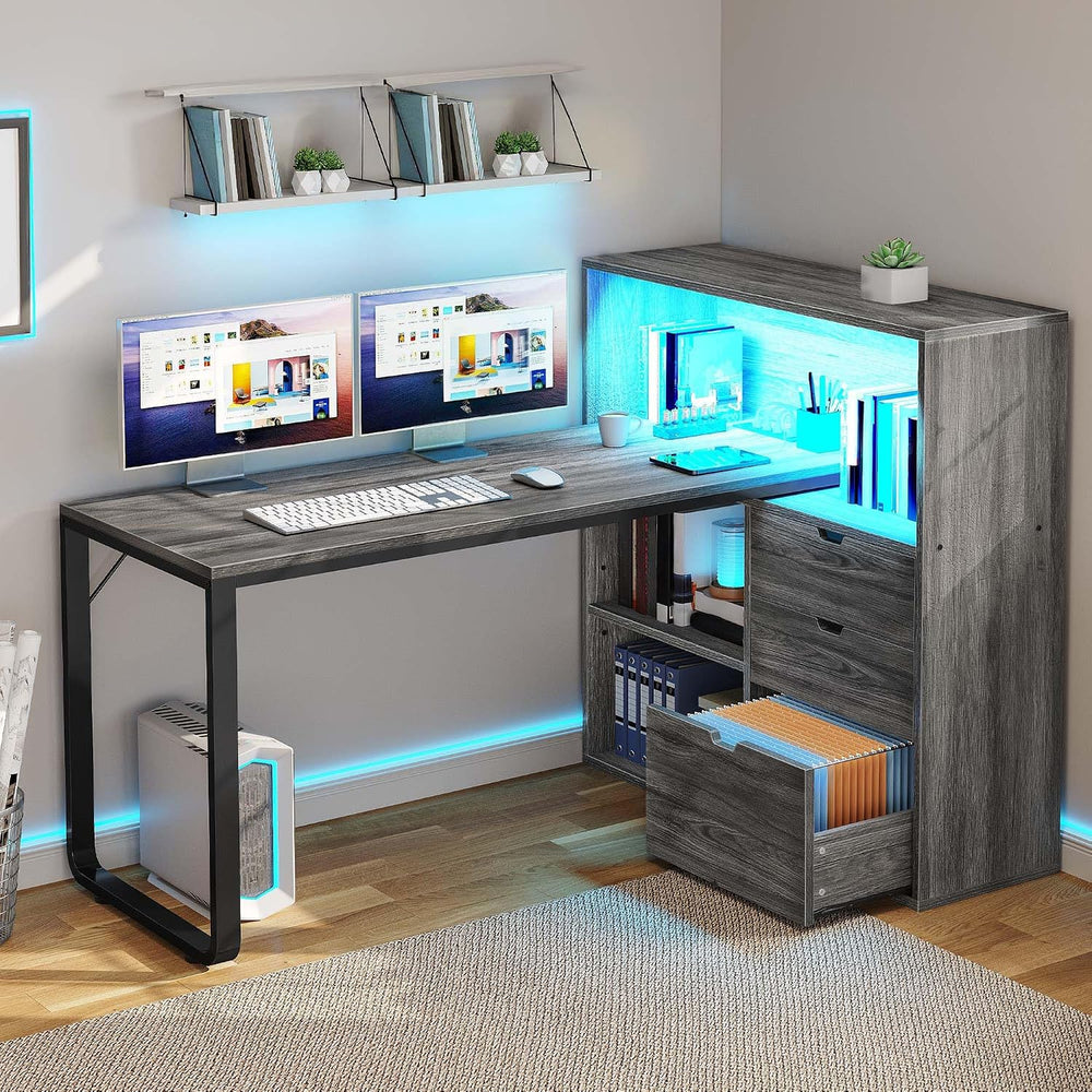 YITAHOME 55" L Shaped Corner Computer Desk with Drawers & Power, Grey