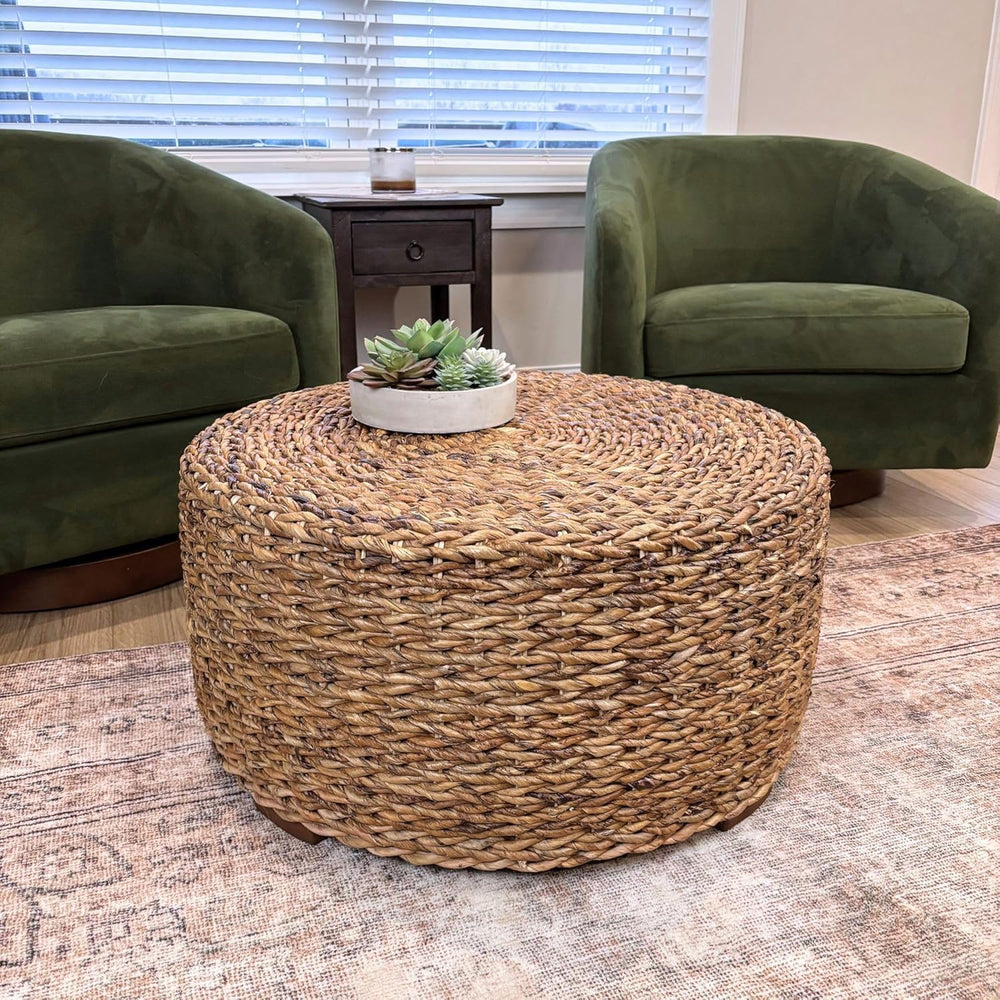 East at Main Round Rattan Coffee Table, Handwoven Wicker Boho Coastal