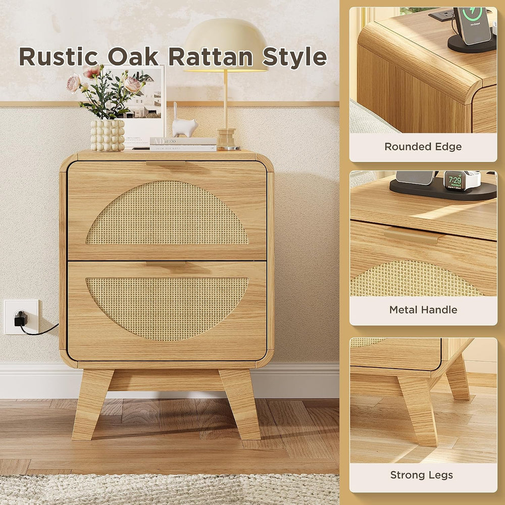Maupvit Rattan Nightstand with Charging Station, Boho Beside Table with 2 Dra...