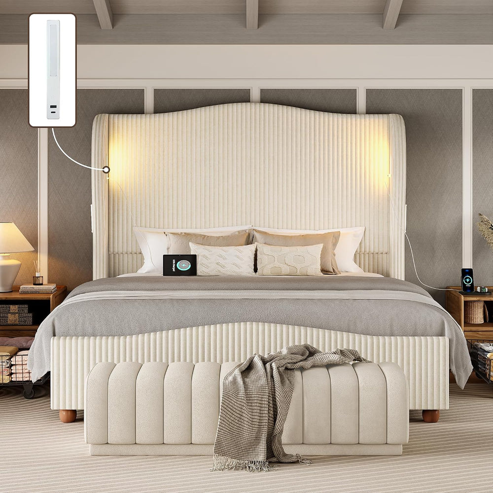 King Size 65" Tall Upholstered Bed with Drawers, USB & LED, Beige