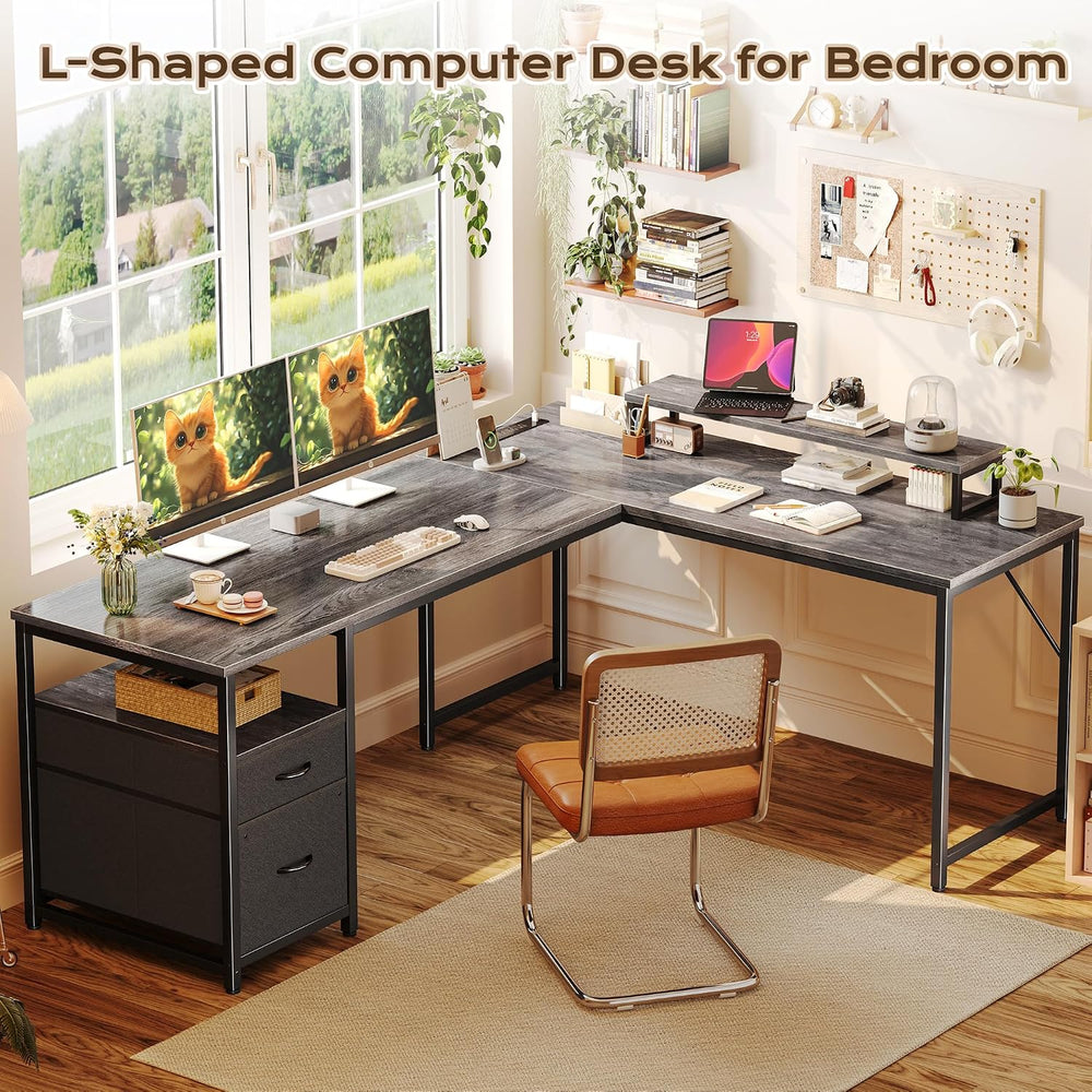PRAISUN 63 Inch L Shaped Desk with Power Outlets and USB-C Port, Computer Cor...