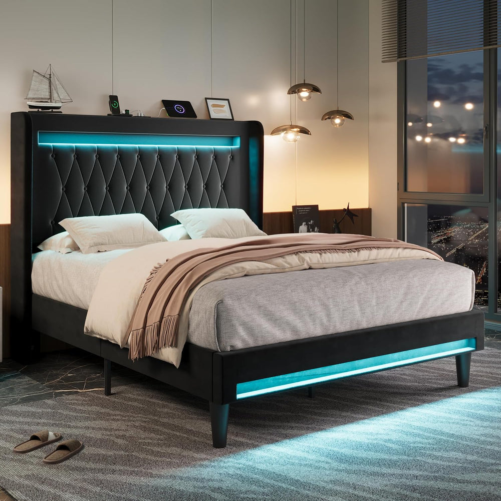 Allewie Queen Size Upholstered Bed Frame with LED & Charging Station, Black