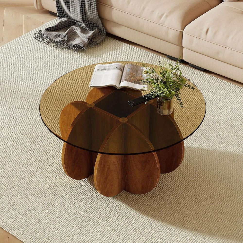 Pumpkin-Shaped Coffee Table with MDF Frame & Amber Tempered Glass Top