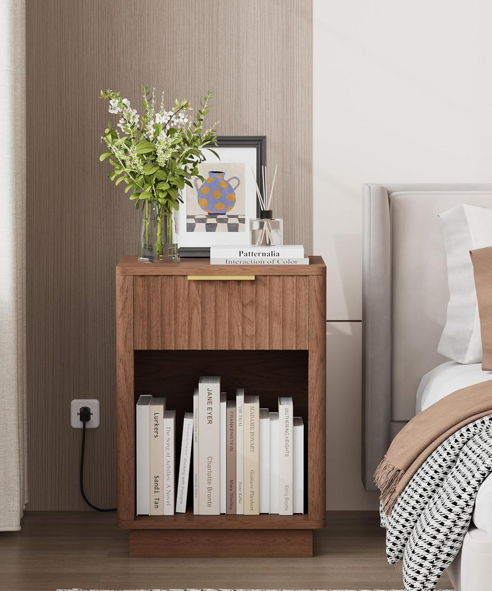 Akxomel Fluted Nightstand Set 2 Bedside Table with Charging Station Walnut