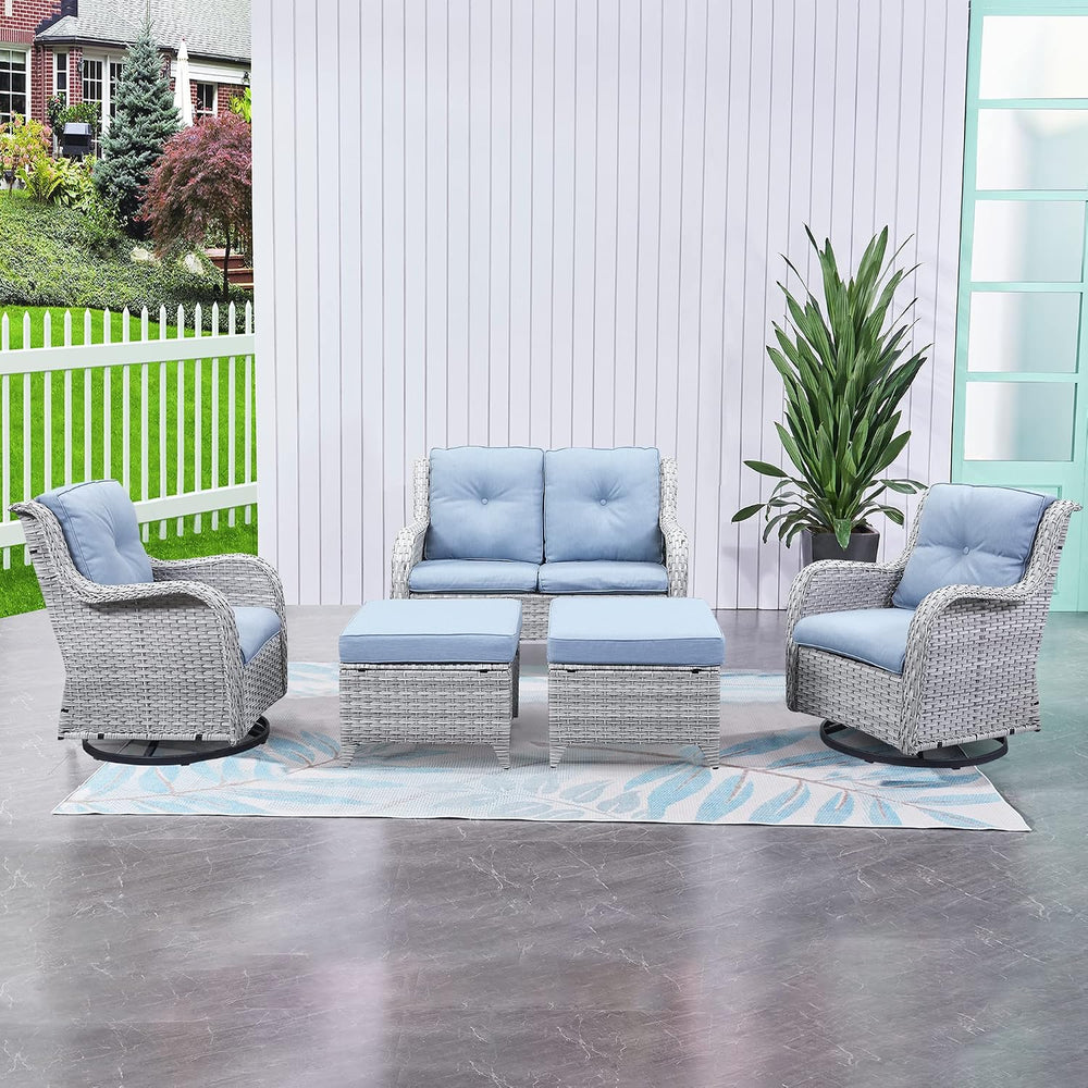 HUMMUH 5 Piece Wicker Patio Set, Loveseat & Swivel Rockers
