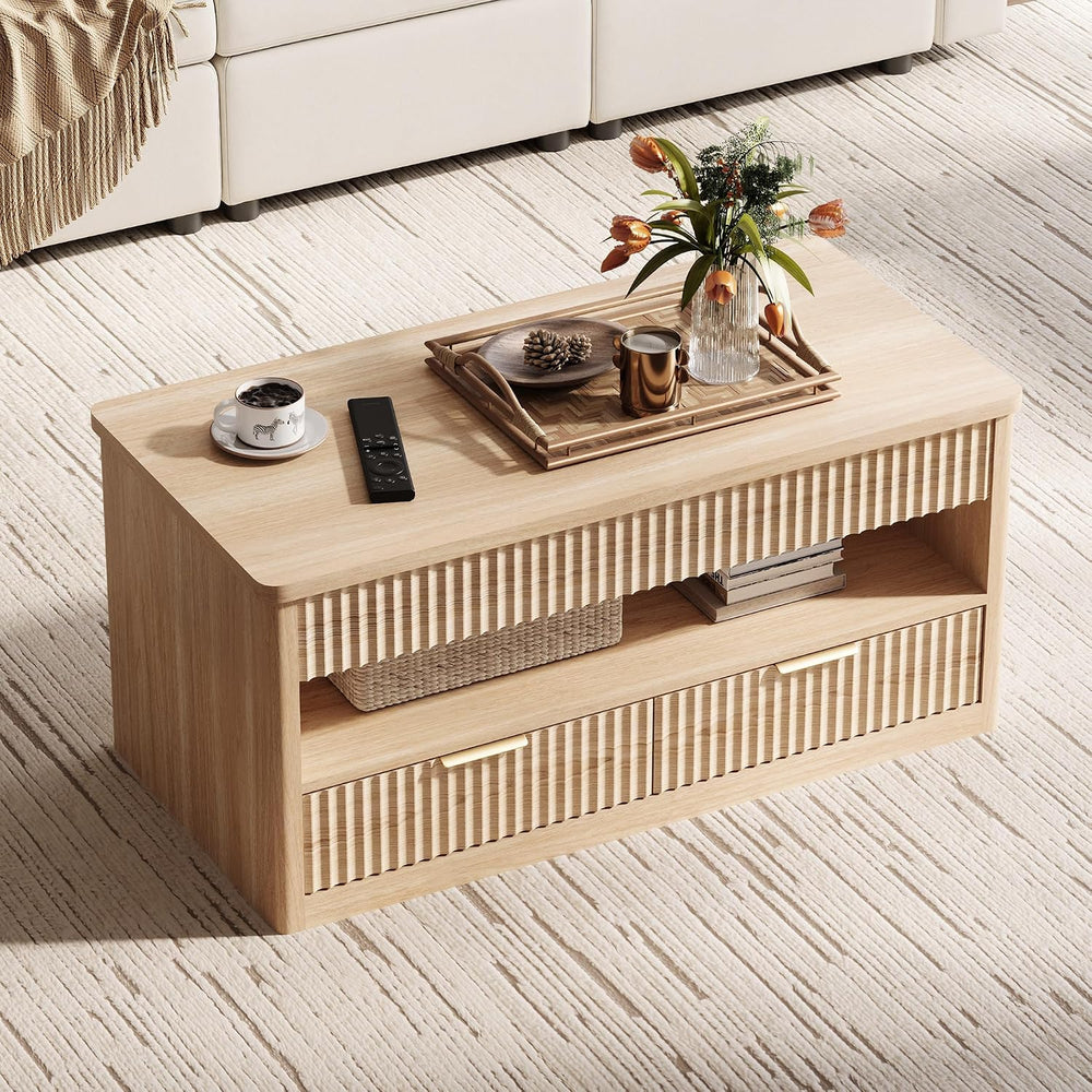 LINSY Home Lift Top Coffee Table with Hidden Storage, Adjustable Shelf, Oak |...