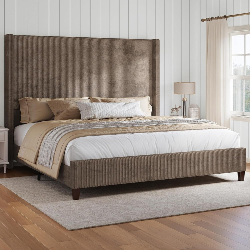 HOWE Upholstered King Size Bed Frame with 61" Wingback Headboard, Chestnut