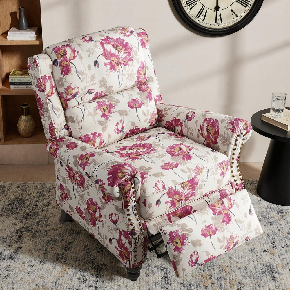 Pushback Recliner Chair, Modern Wingback Recliner, Floal Beige