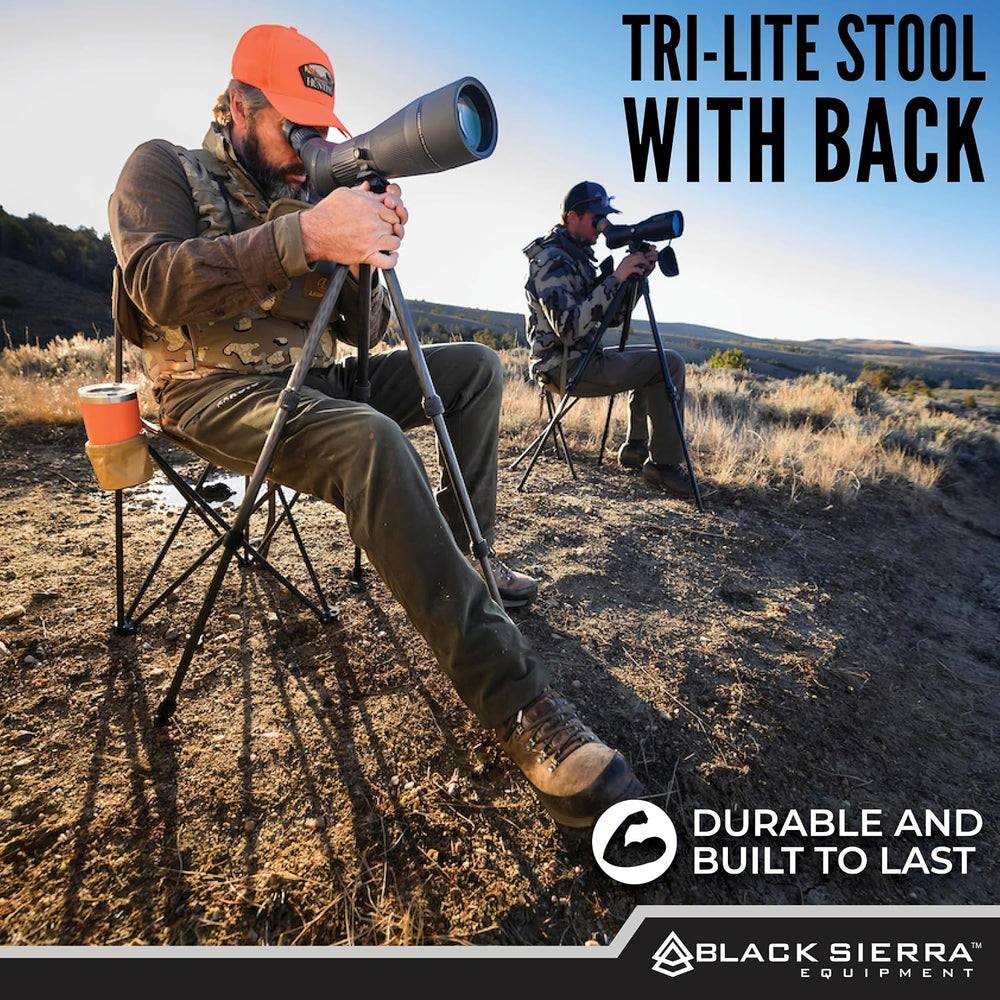 Black Sierra Folding Hunting Stool w Backrest & Cup Holder, 225 lb Capacity