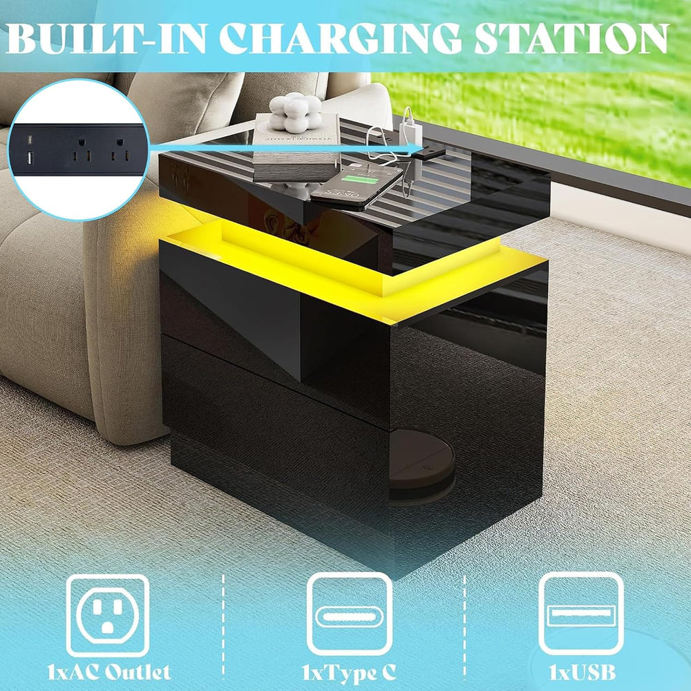 AMERLIFE 3-Piece High Gloss Living Room Table Set with LED Lights, Modern Cof...