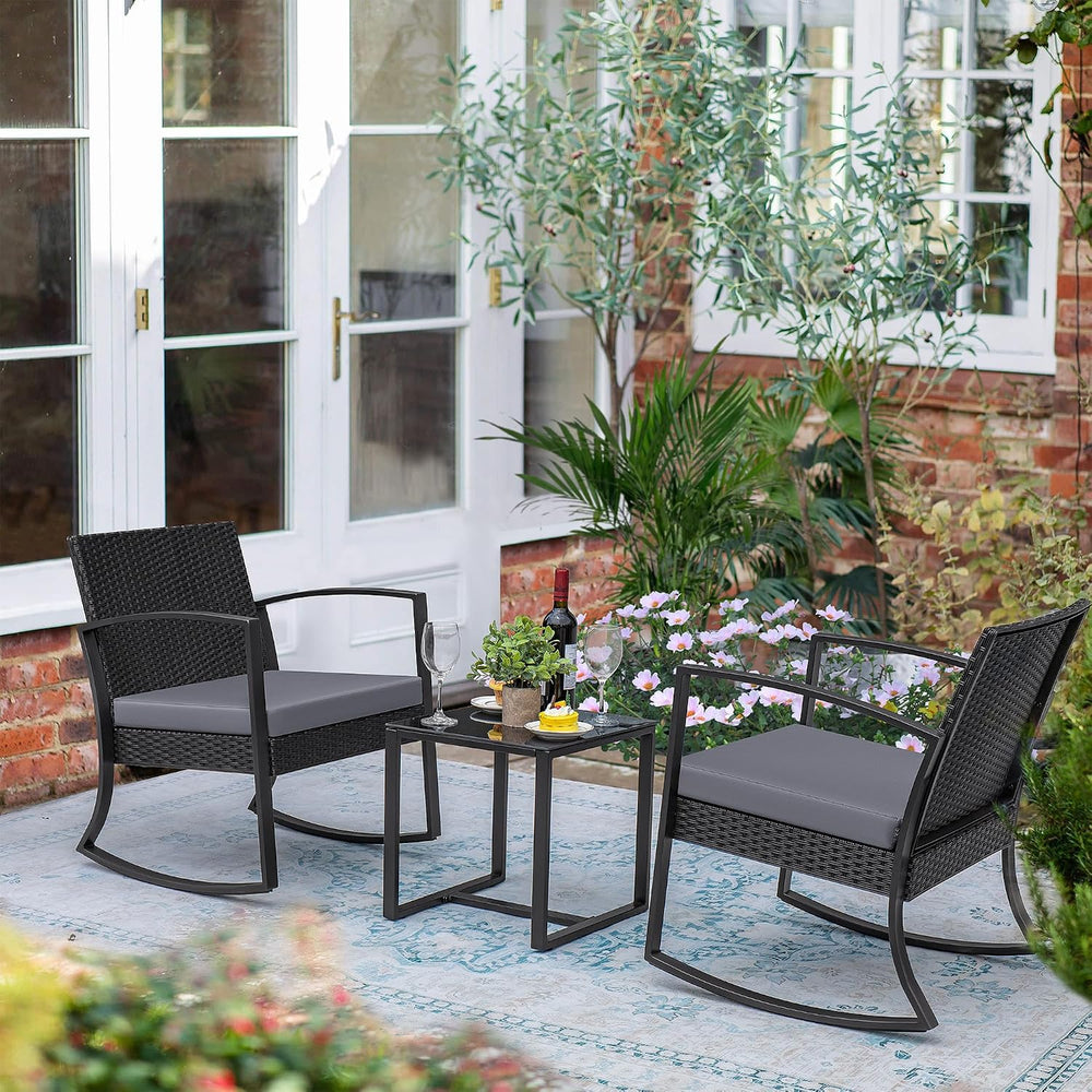 Greesum 3 Pieces Outdoor Furniture Set Patio Bistro Rocking Chairs with Glass...