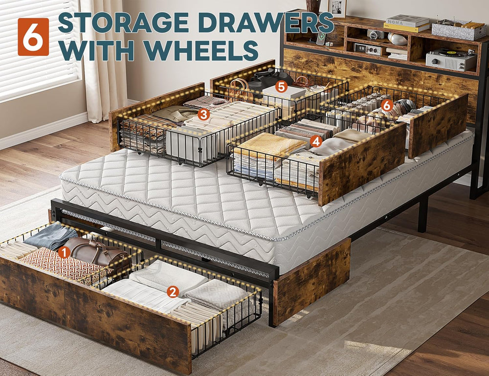 EnHomee Full Bed Frame with 6 Storage Drawers, Charge Station,Noise-Free