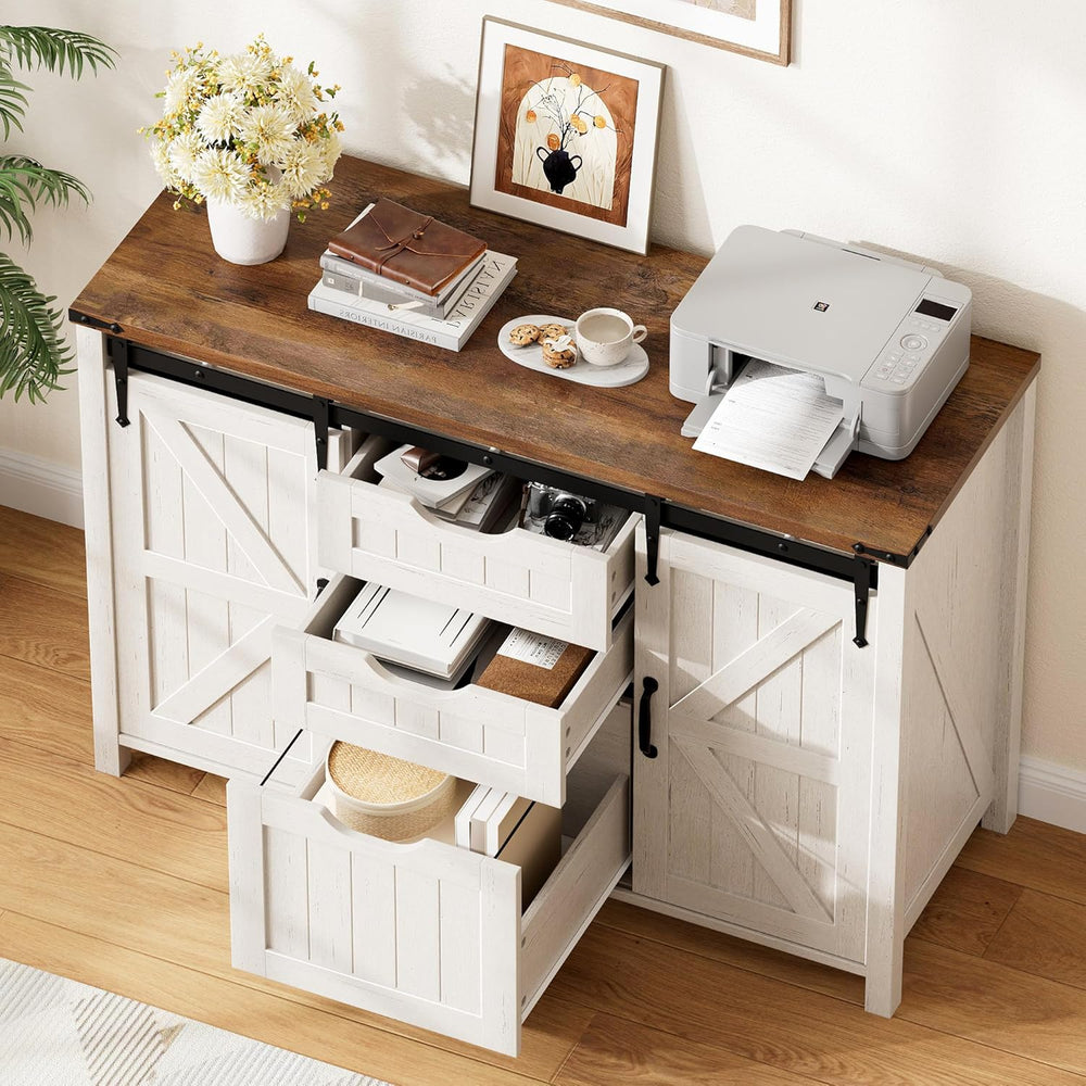 Halitaa 43.31” Farmhouse File Cabinet with Sliding Barn Door, Off White