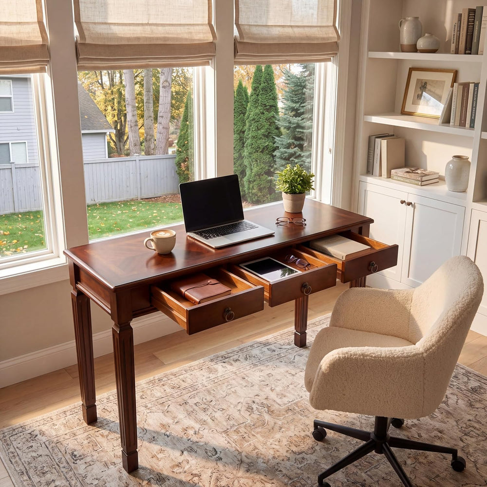 Solid Wood Writing Desk with 3 Drawers, 47"W Large Secretary Table