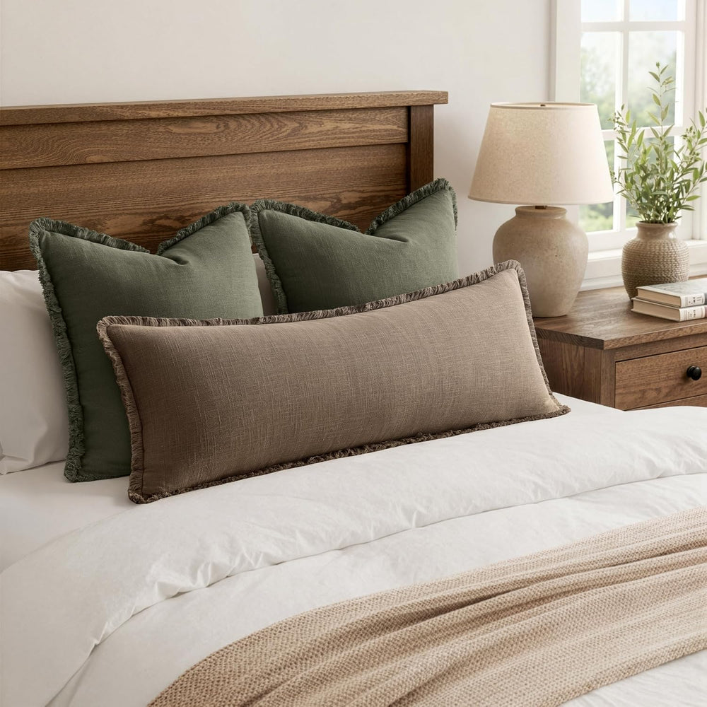 MIULEE 14x36 Long Linen Fringe Lumbar Pillow Covers Set of 1 Cocoa Brown