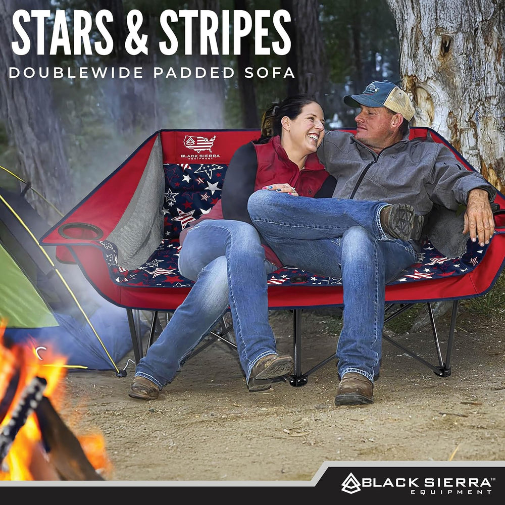 Black Sierra Double Camping Chair Loveseat, Oversized Padded, 600 lb