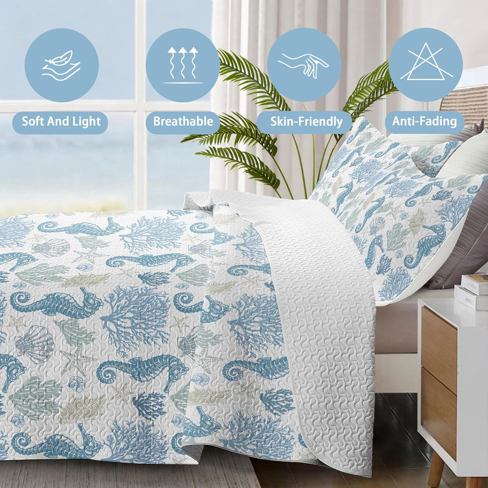 California King Quilt Set, Coastal Seahorse Bedding, 3 Piece, 106"x118&q...
