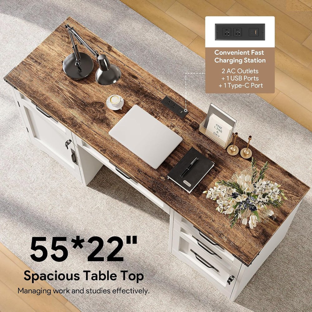 Decofy 55" Farmhouse Executive Desk with Drawers, White