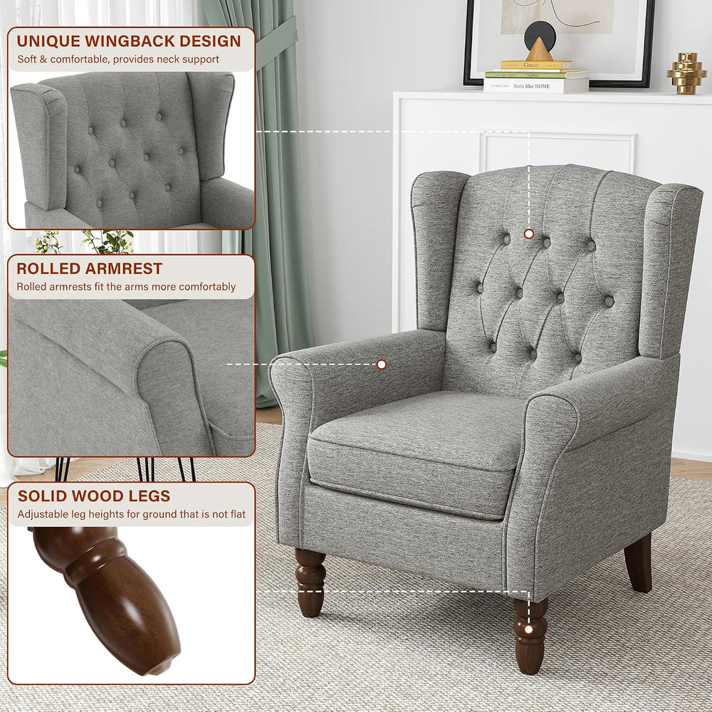 High Wingback Accent Chairs Set of 2, Button-Tufted Armchair, Light Gray
