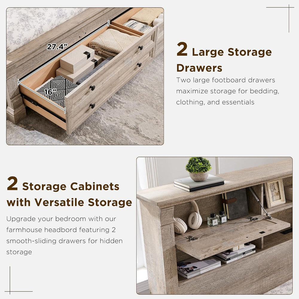 Queen Size Bed Frame 2 Drawer & 4 Storage Rack Headboard Charging Station