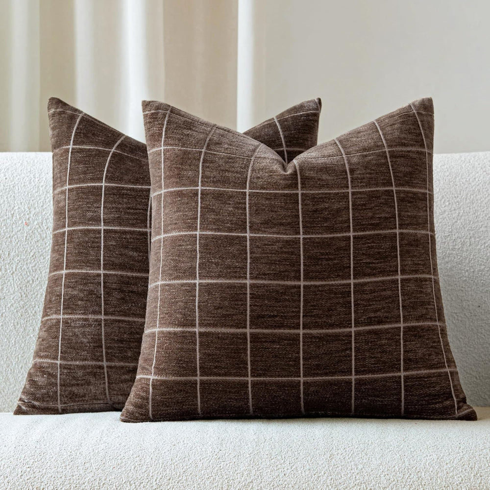 Decorative Chenille Plaid Fall Throw Pillow Covers Brown 24x24 Set of 2