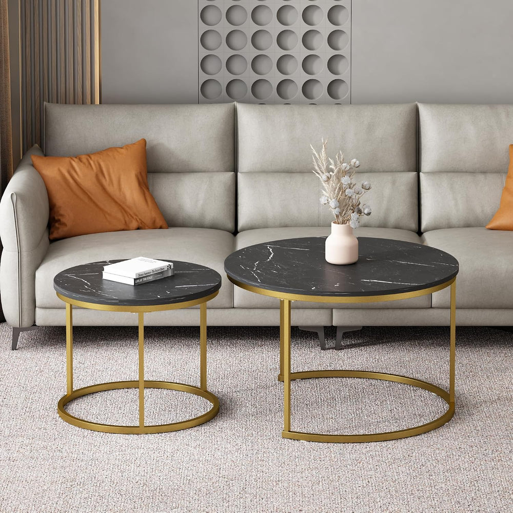 27.56 inch Small Round Nesting Coffee Table Set of 2 for Living Room, Wood Gr...