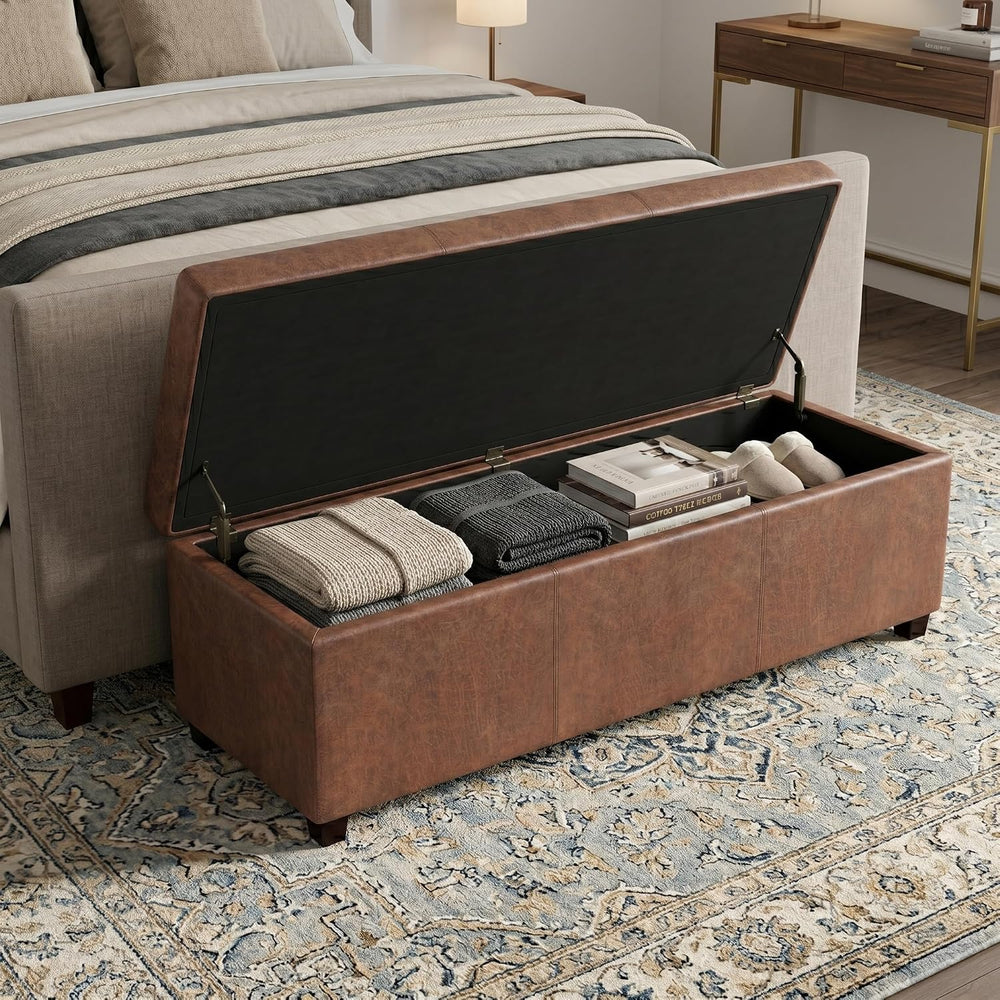 SIMPLIHOME Avalon 48" Wide Vegan Leather Storage Ottoman in Saddle Brown