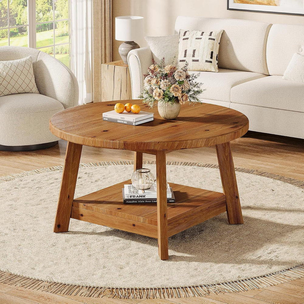 Solid Wood Round Coffee Table for Living Room, 31.5” Farmhouse Wooden 2-Tier ...
