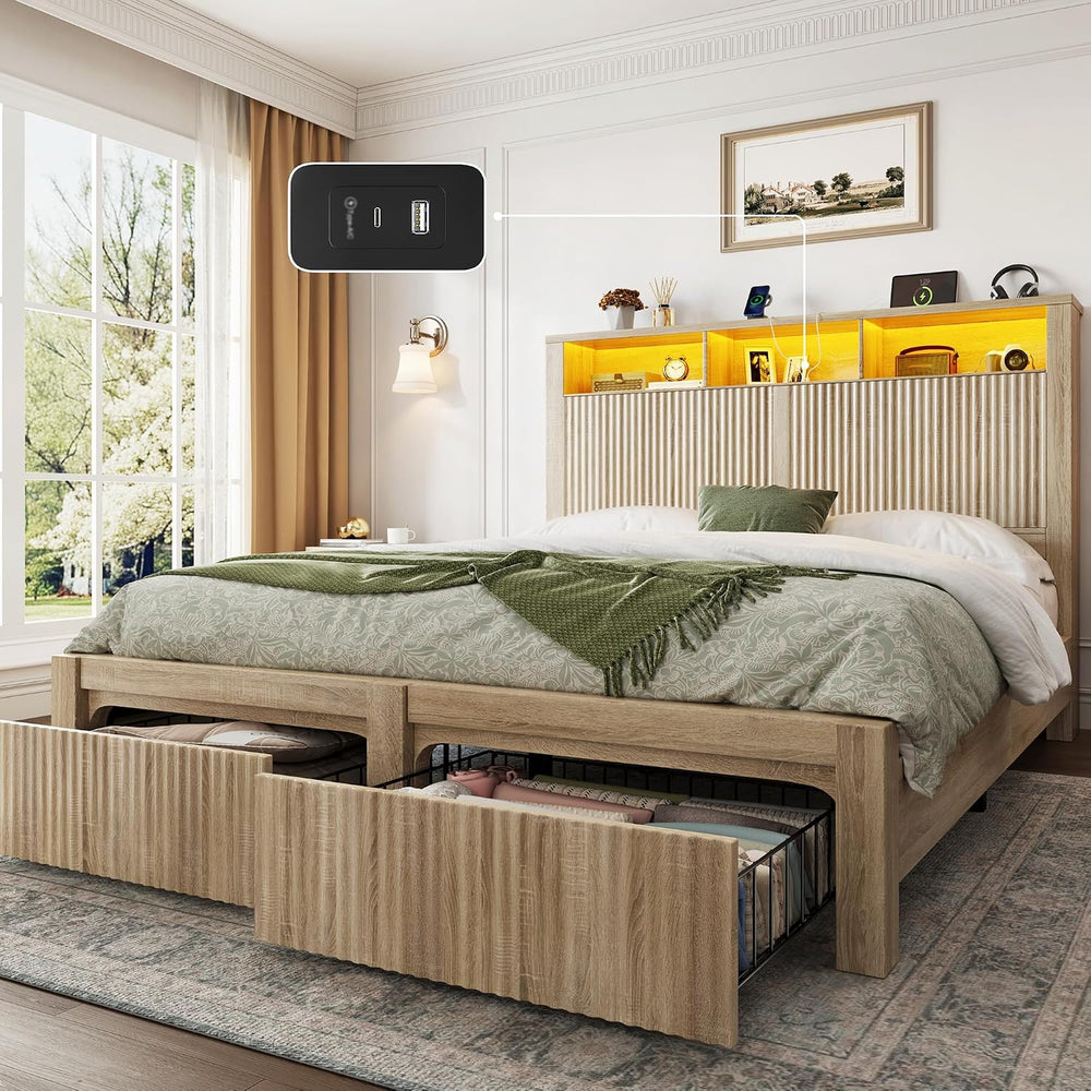 CypBed Full Size Bed Frame with Storage Headboard and 2 Drawers,Wood