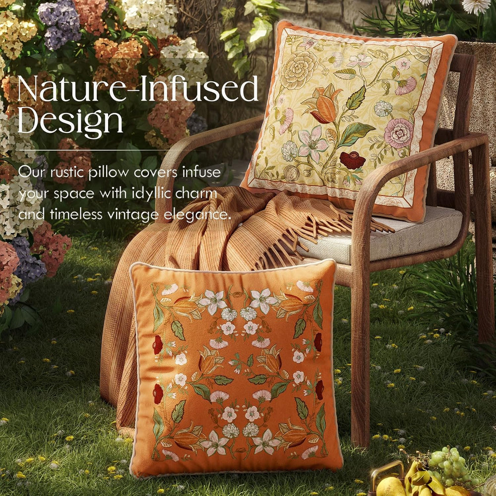 Vintage Burnt Orange Floral Pillow Cover 18x18, Terracotta Bell