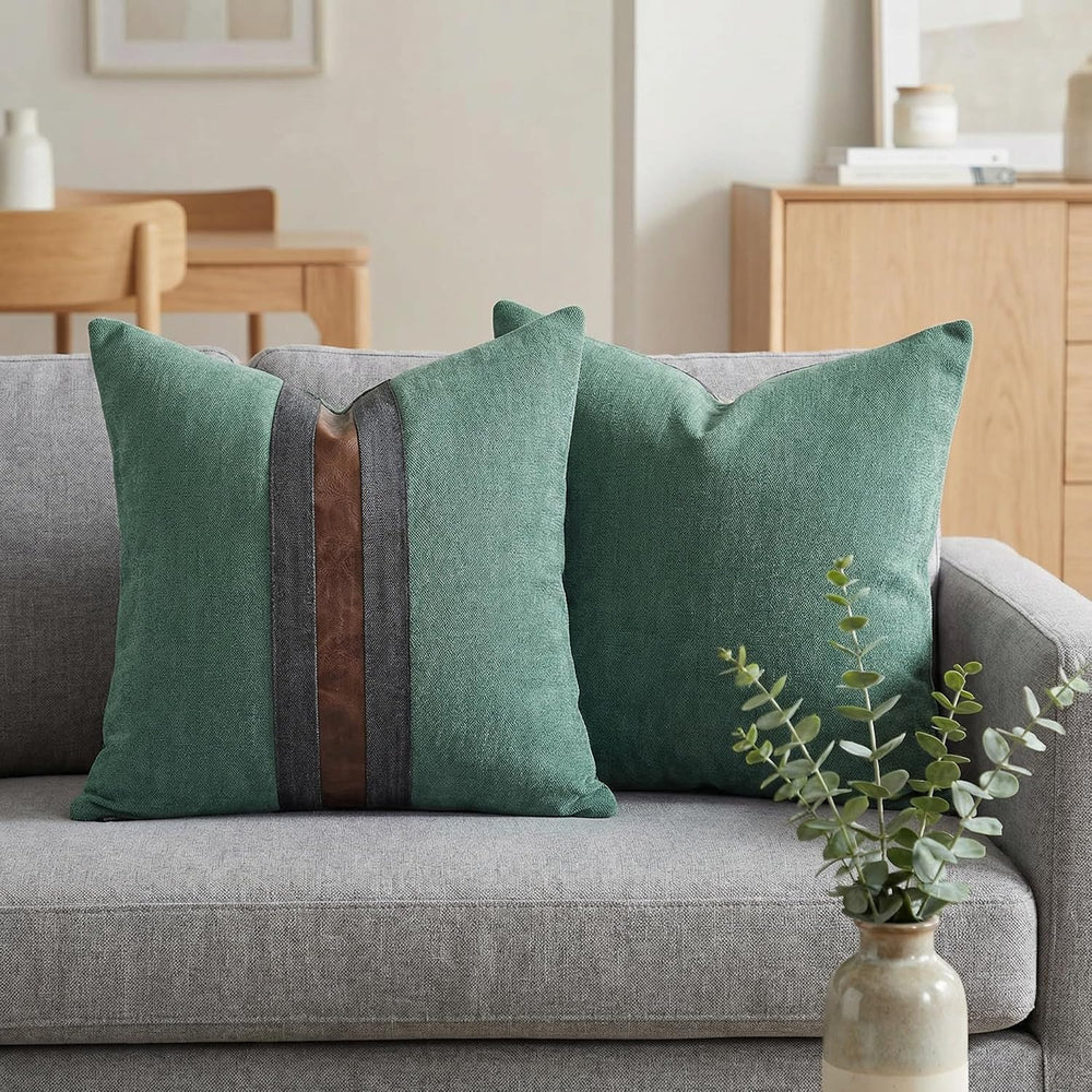 Set of 2 Leather Throw Pillow Covers Cotton Linen Decor Patchwork Pillow Cove...
