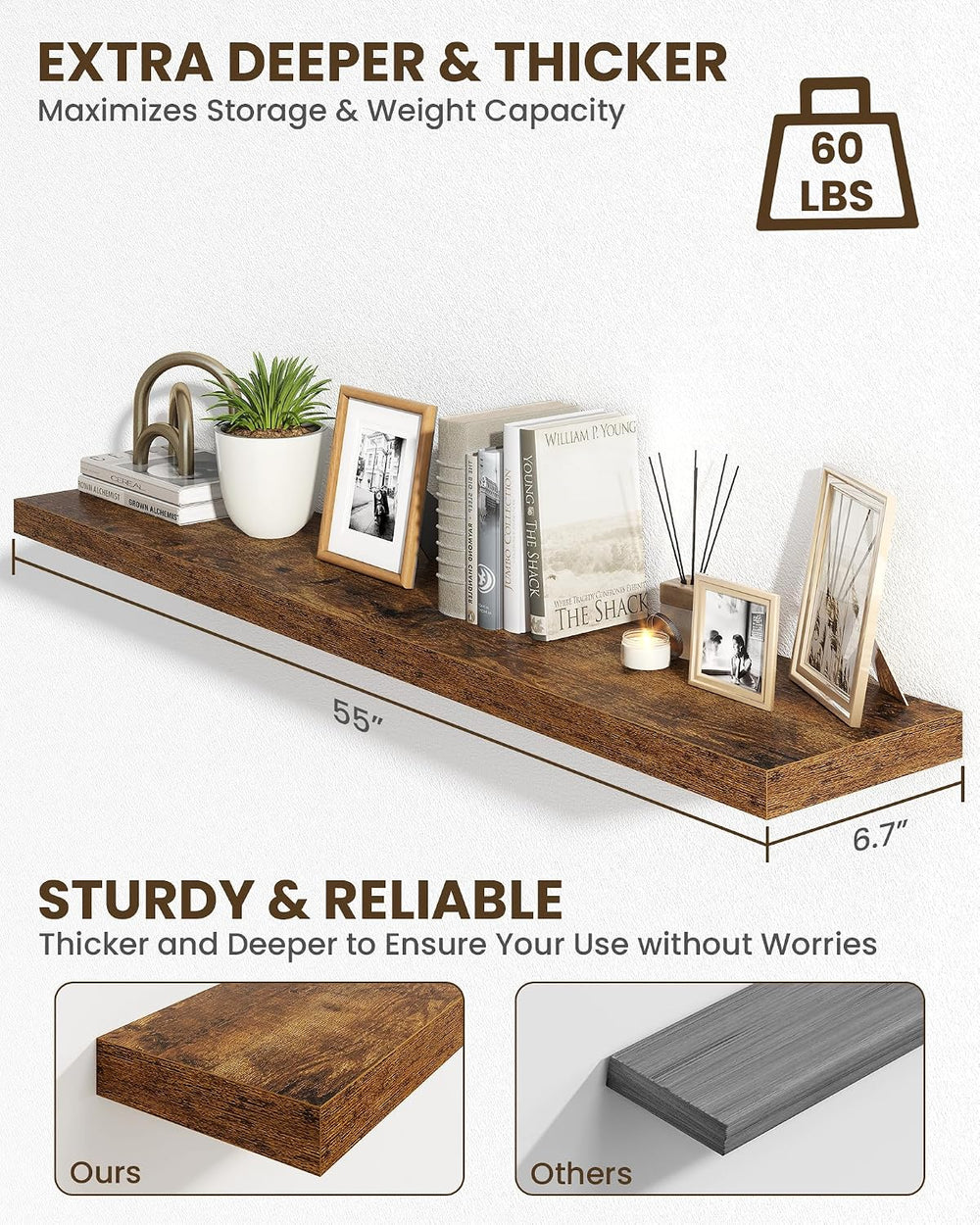 Marsmiles 55" Floating Shelves for Wall, Wooden Shelves with Invisible B...