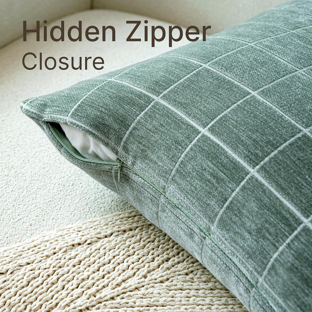 Decorative Chenille Plaid Throw Pillow Covers Sage Green 24x24 Set of 2