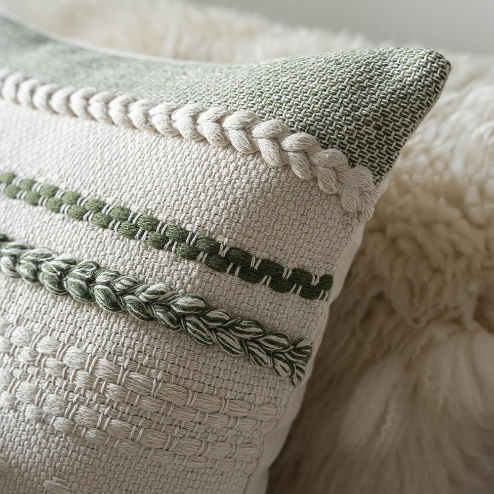 Cethom Boho Lumbar Pillow Covers 14x36 Inch Long, Green Textured Decorative C...