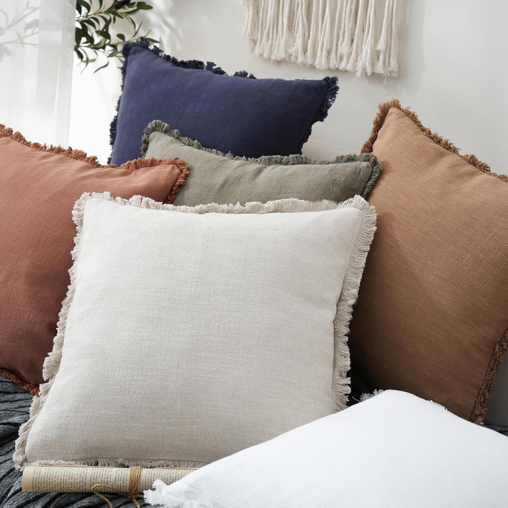 Foindtower Decorative Linen Fringe Throw Pillow Covers 22×22 Inch,Beige