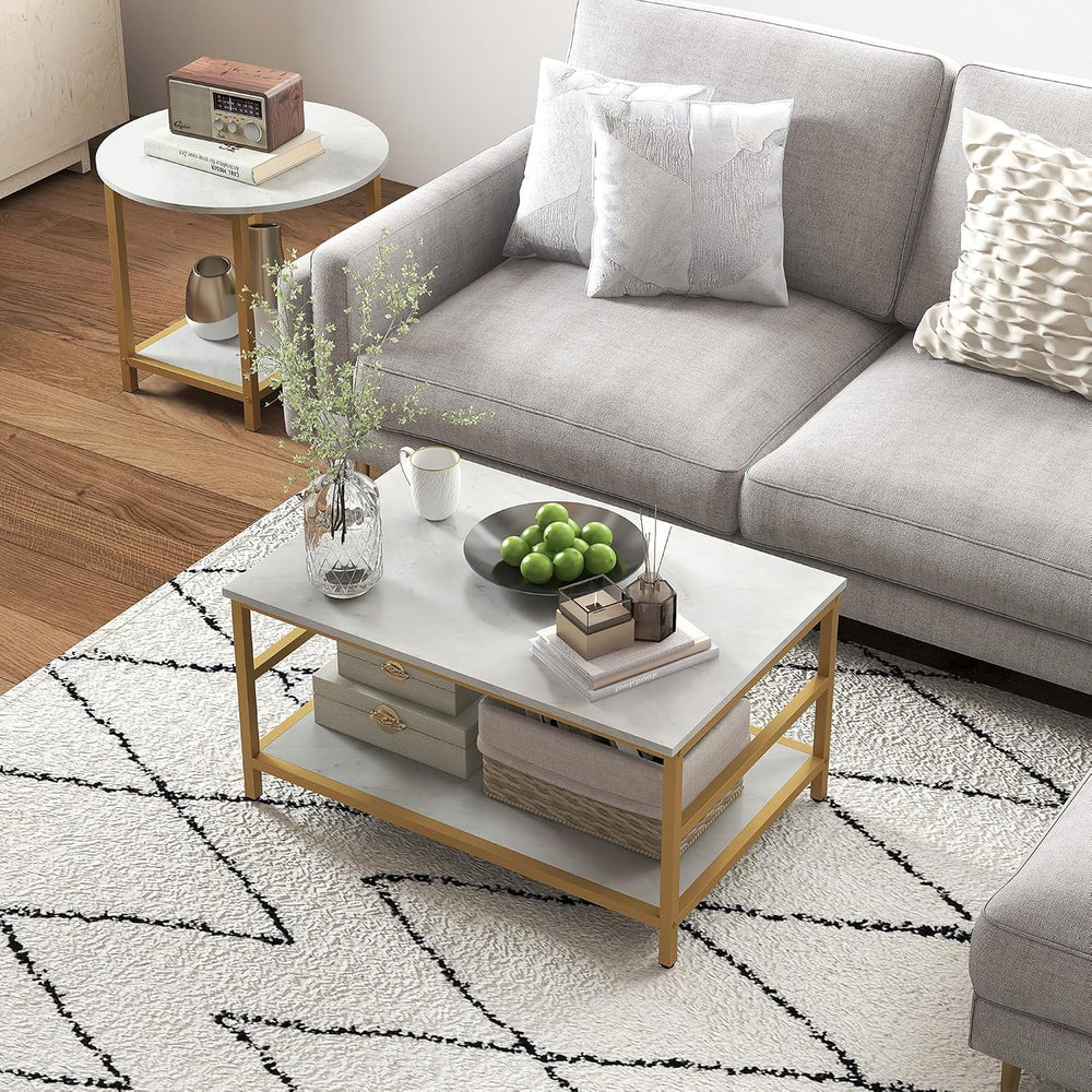 HOMCOM Coffee Tables Set of 2 2-Rier Sofa Side Table Faux Marble Top White