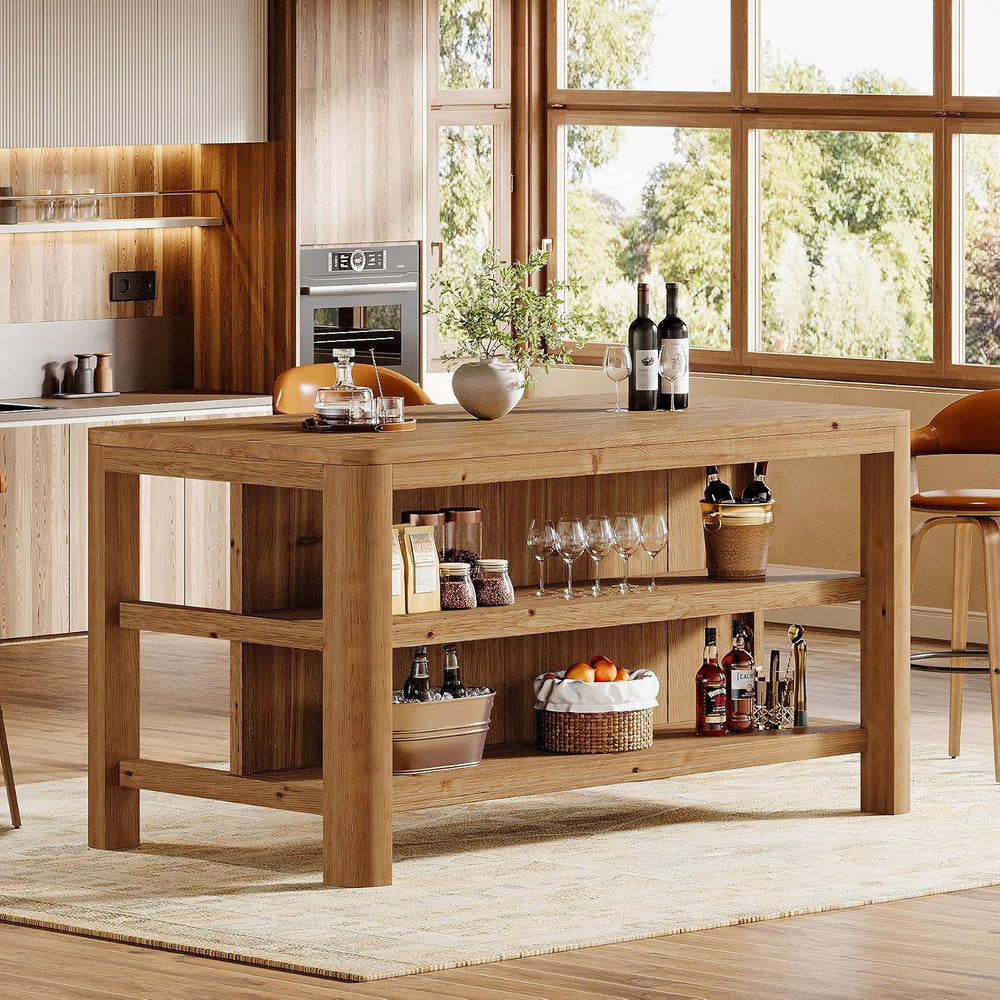 63" Solid Wood Kitchen Island, Kitchen Table with Storage Shelves