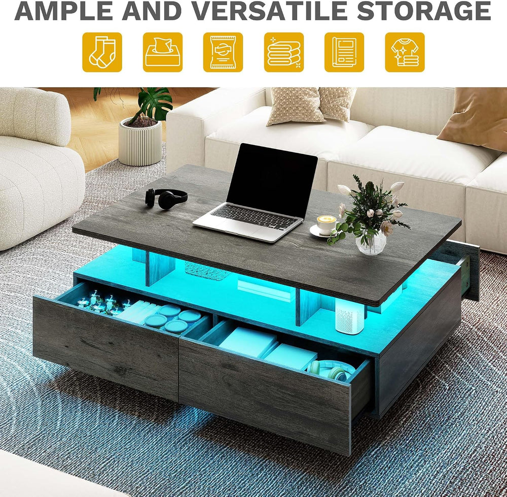 DWVO LED Coffee Table with 4 Drawers, High Glossy Center Table, Grey
