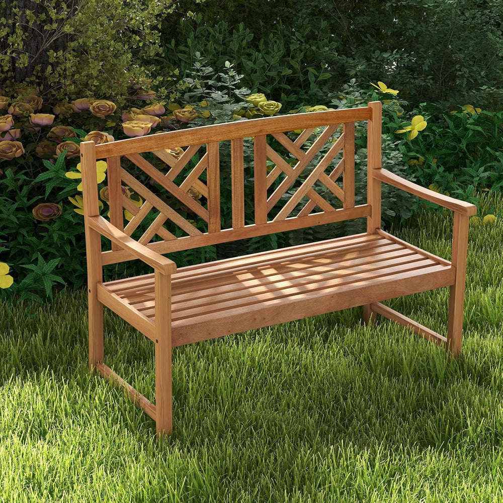 Giantex Outdoor Wooden Garden Bench - 2-Person Acacia Wood Loveseat with Armr...