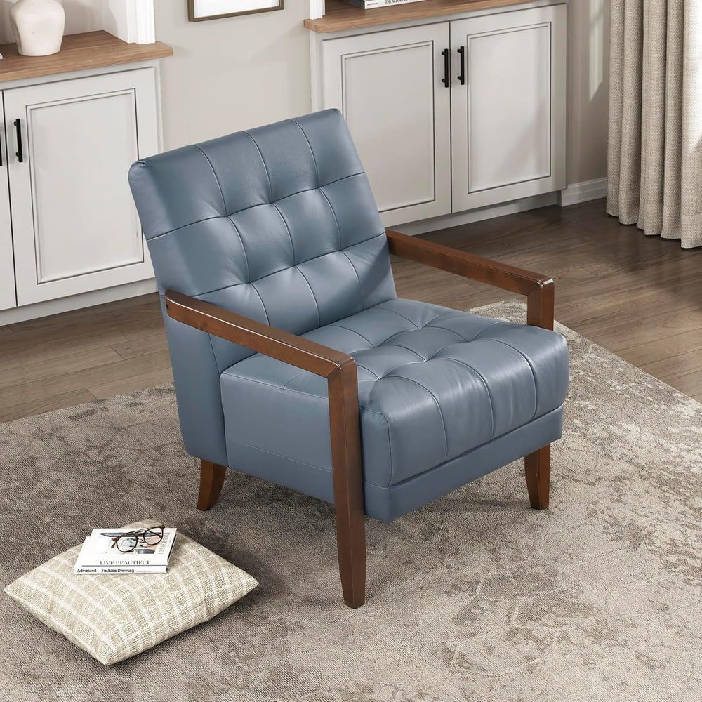 Lexicon Modern Leather Match Accent Chair,Tufted, Solid Wood Arms,Blue