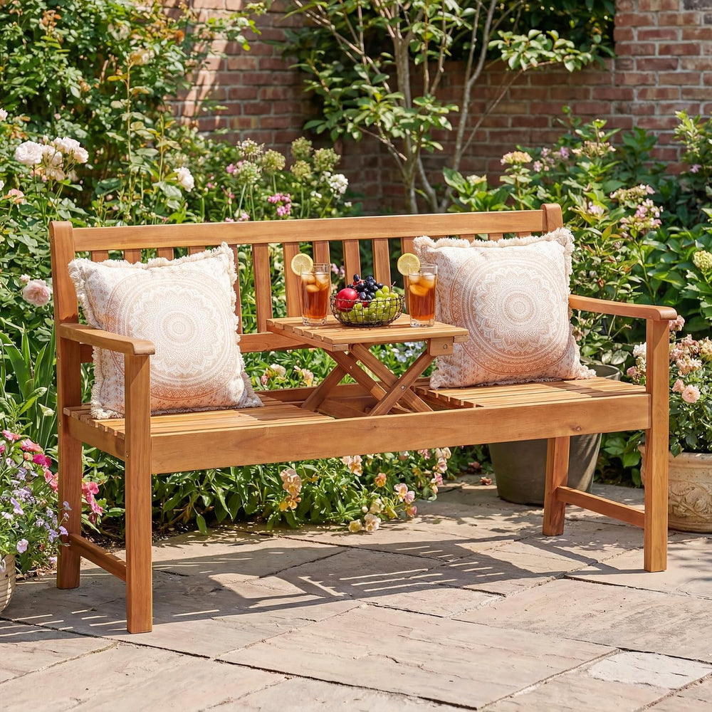 Devoko Acacia Wood Outdoor Bench, 2-Person Garden Bench with Pull-Out Table