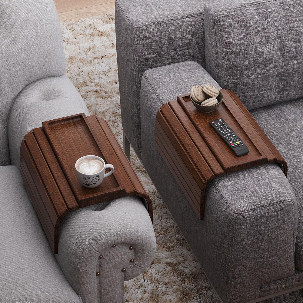 2 Pack Bamboo Folding Sofa Arm Tray with Anti-Slip Pad (Brown)
