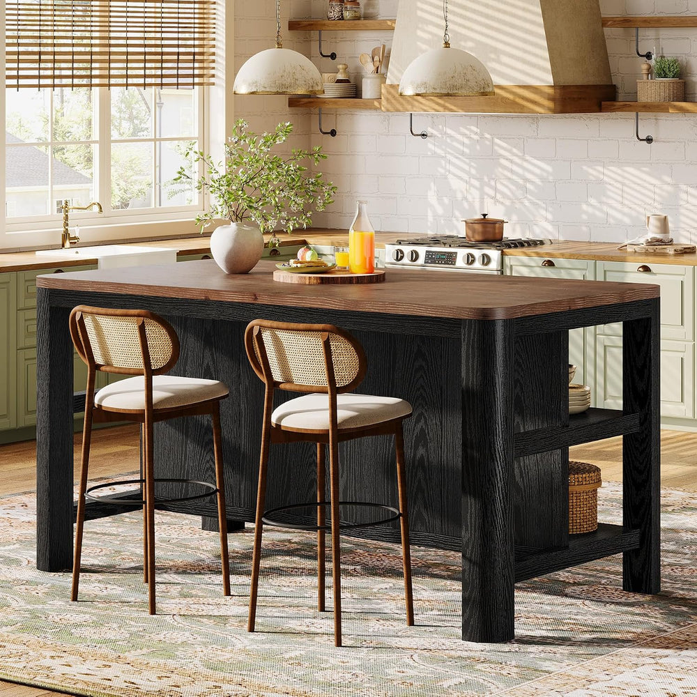 63" Solid Wood Kitchen Island with Storage Shelves, Black