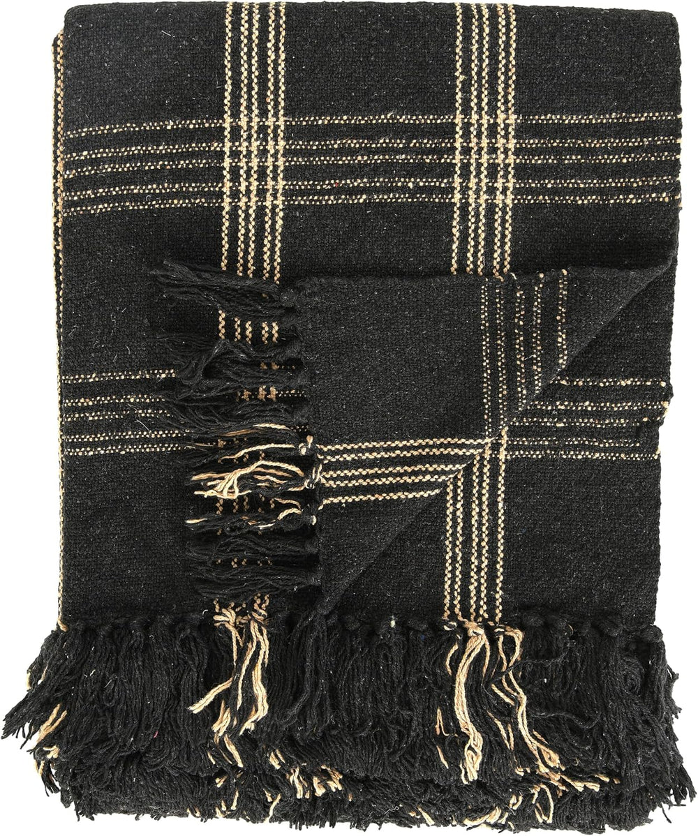 Plaid Black & Tan Fringed Woven Cotton Blend Throw